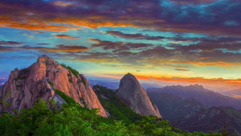 Mountain Peaks at Sunset — Orange, Dramatic, Photograph, Sky
