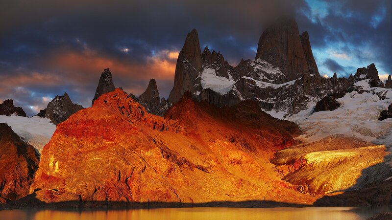 Mountain Peaks at Sunset — Orange, Dramatic, Photograph, Snow, Clouds