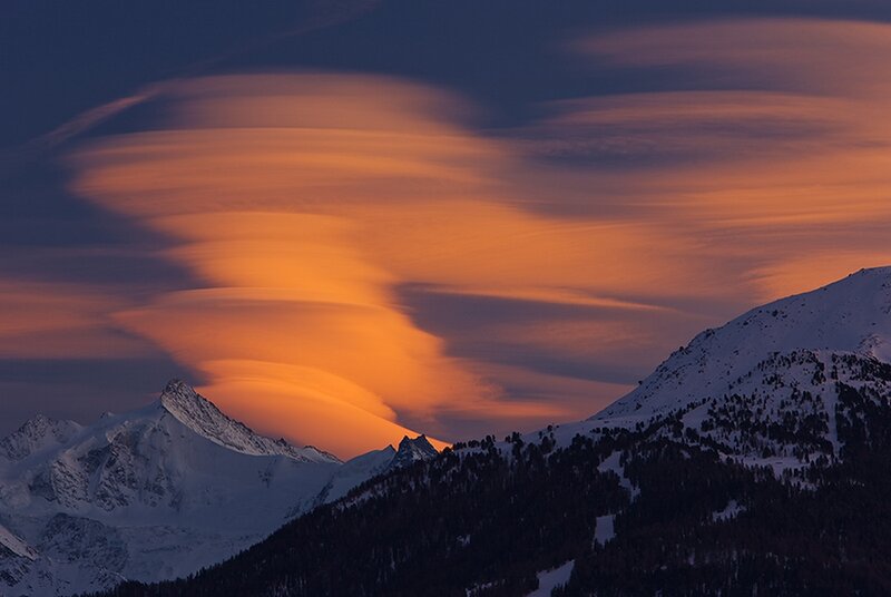 Mountain Peaks at Sunset — Orange, Dramatic, Photograph, Snow