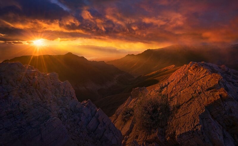 Mountain Peaks at Sunset — Orange, Dramatic, Photograph, Sun, Clouds