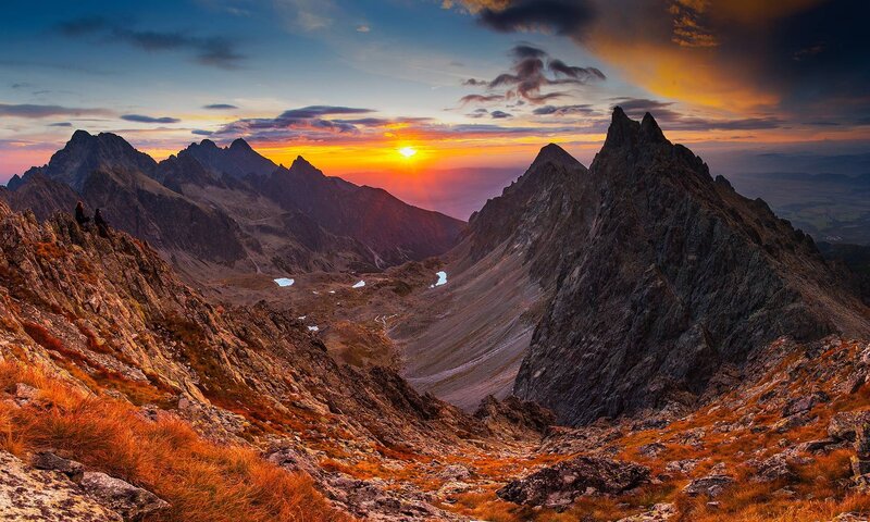 Mountain Peaks at Sunset — Orange, Dramatic, Photograph, Sun