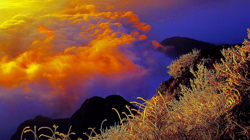 Mountain Peaks at Sunset — Orange, Dramatic, Photograph