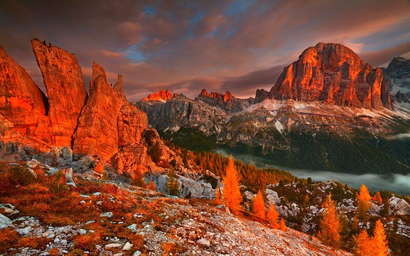 Mountain Peaks at Sunset — Orange, Dramatic, Photograph, Trees
