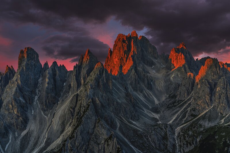 Mountain Peaks at Sunset — Red, Dramatic, Photograph, Clouds, Sky