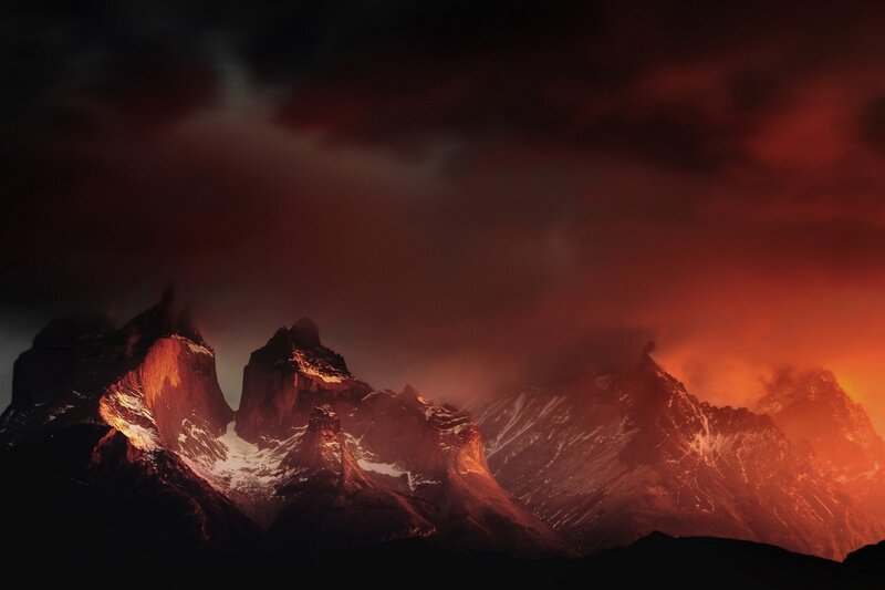 Mountain Peaks at Sunset — Red, Dramatic, Photograph, Clouds, Snow