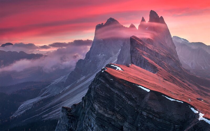 Mountain Peaks at Sunset — Red, Dramatic, Photograph