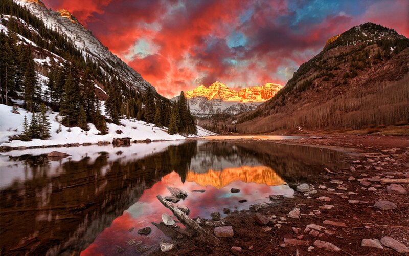 Mountain Peaks at Sunset — Red