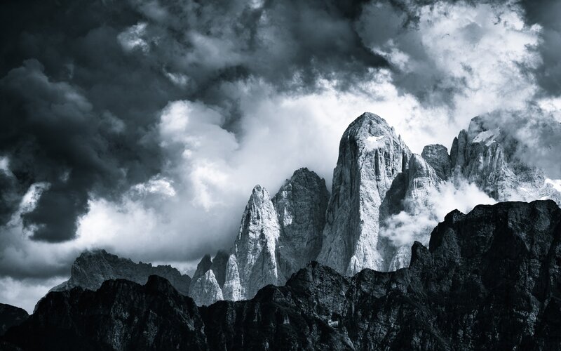 Mountain Peaks in Clouds — Black, Dramatic, Photograph, Rock