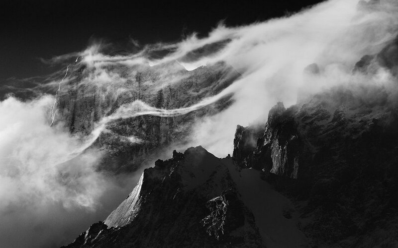 Mountain Peaks in Clouds — Black, Dramatic, Photograph