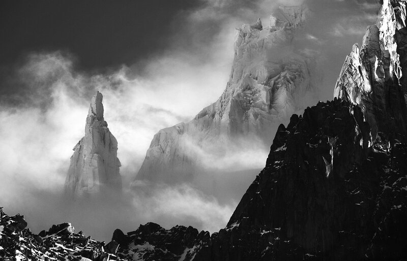Mountain Peaks in Clouds — Black, Dramatic
