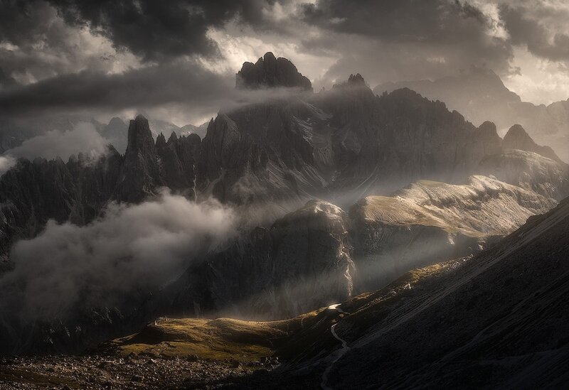 Mountain Peaks in Clouds — Gray, Dramatic, Morning