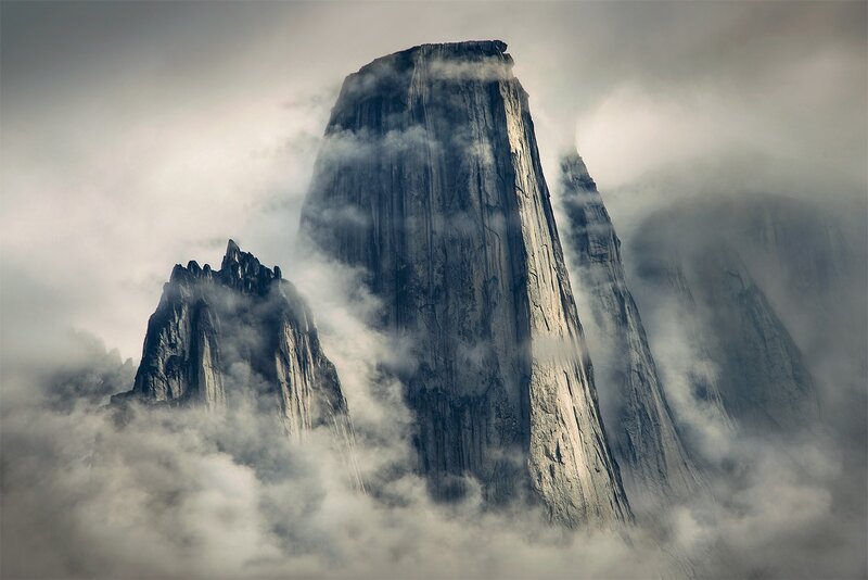 Mountain Peaks in Clouds — Gray, Dramatic, Photograph, Rock
