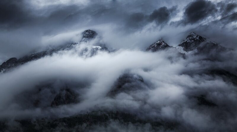 Mountain Peaks in Clouds — Gray, Dramatic, Photograph, Snow