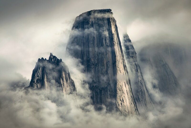 Mountain Peaks in Clouds — Gray, Dramatic, Photograph