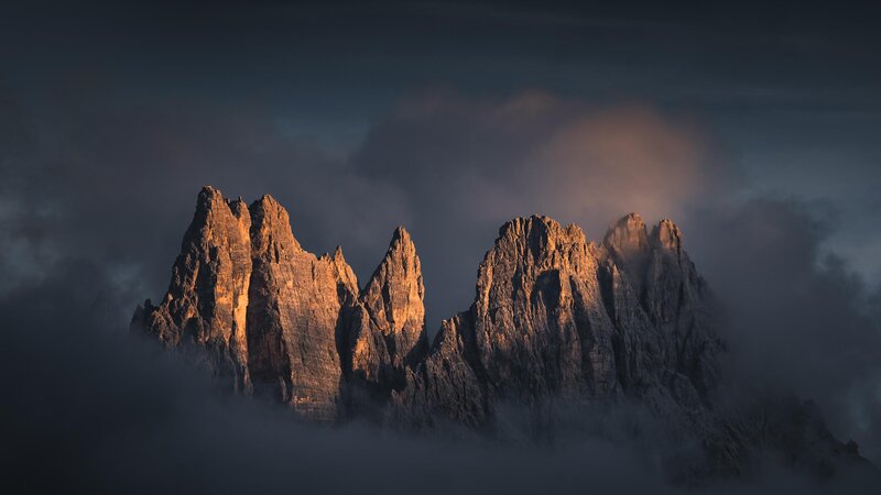Mountain Peaks in Clouds — Gray, Dramatic, Sunrise, Photograph