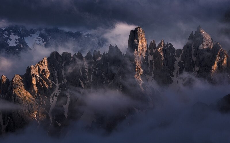 Mountain Peaks in Clouds — Gray, Dramatic, Sunrise