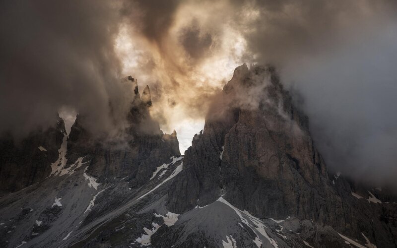 Mountain Peaks in Clouds — Gray, Dramatic, Sunset