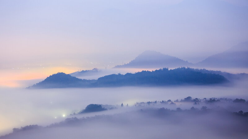 Mountain Peaks in Fog — Blue, Serene