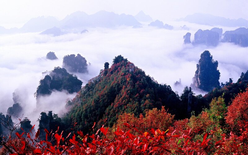 Mountain Peaks in Fog — Red, Serene, Autumn