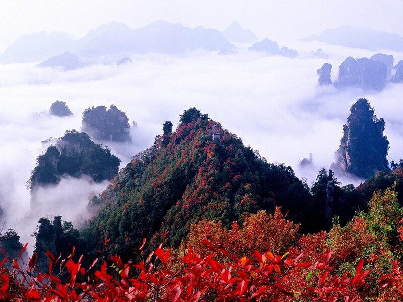 Mountain Peaks in Fog — Red, Serene