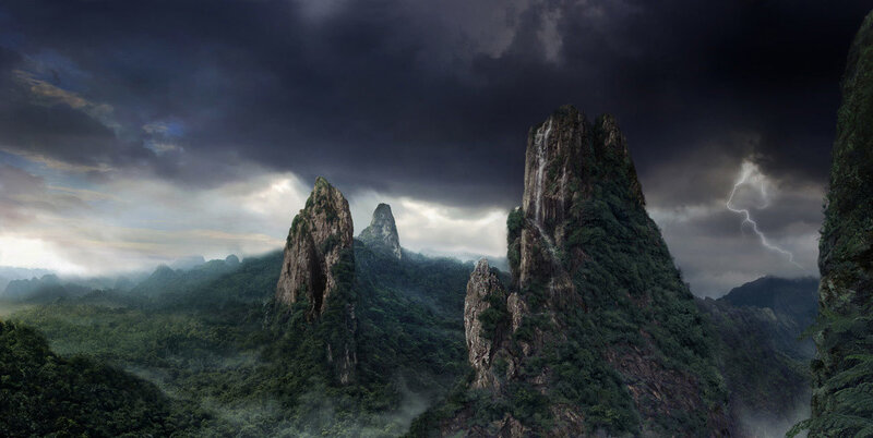 Mountain Peaks in Forest — Green