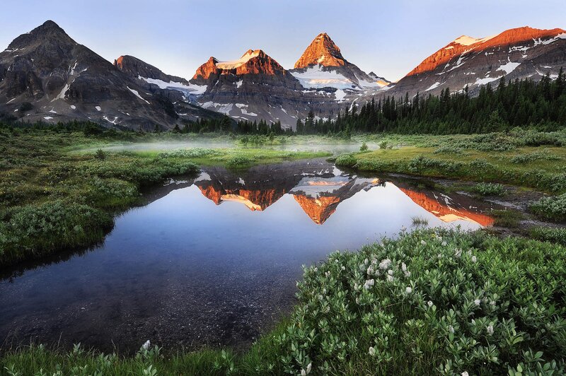 Mountain Peaks Reflection — Blue, Serene, Sunrise