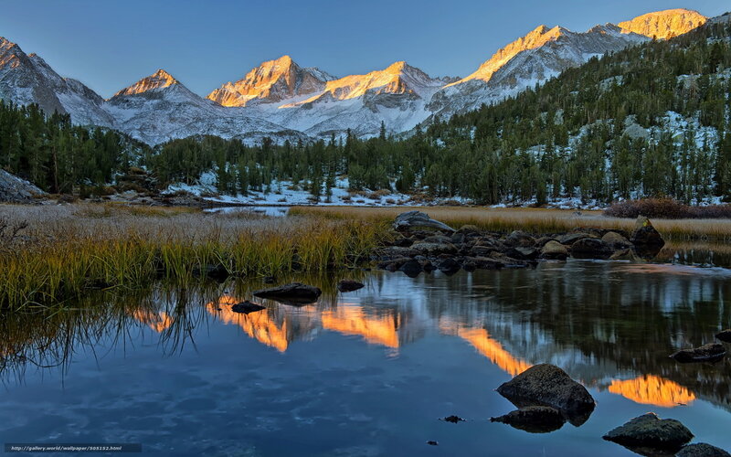Mountain Peaks Reflection — Blue, Serene, Sunset