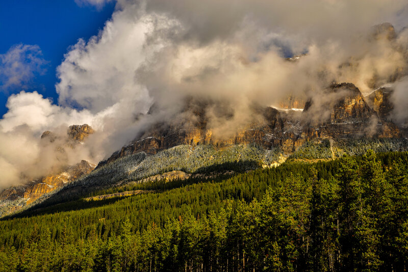 Mountain peaks shrouded in clouds