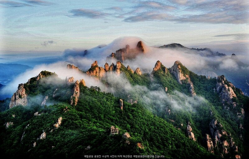 Mountain peaks shrouded in mist
