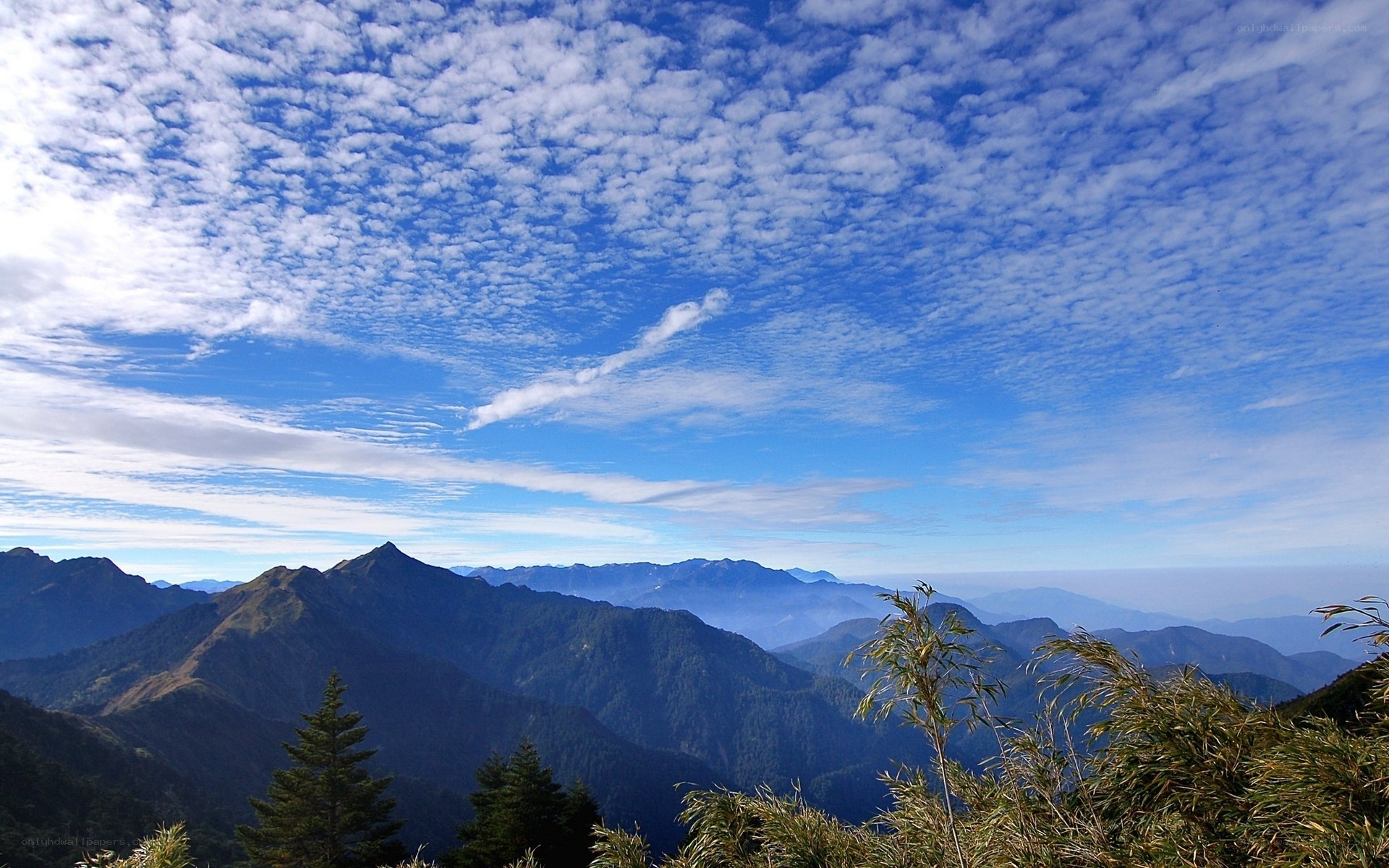 Mountain peaks under cloudy sky