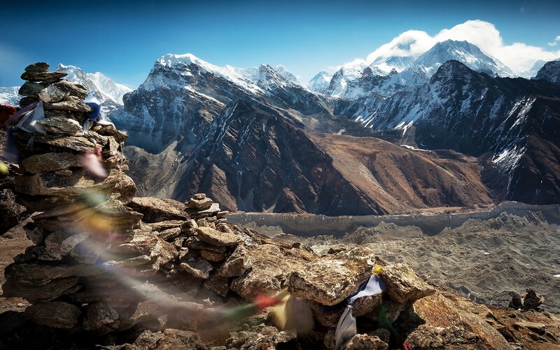 Mountain peaks with prayer flags