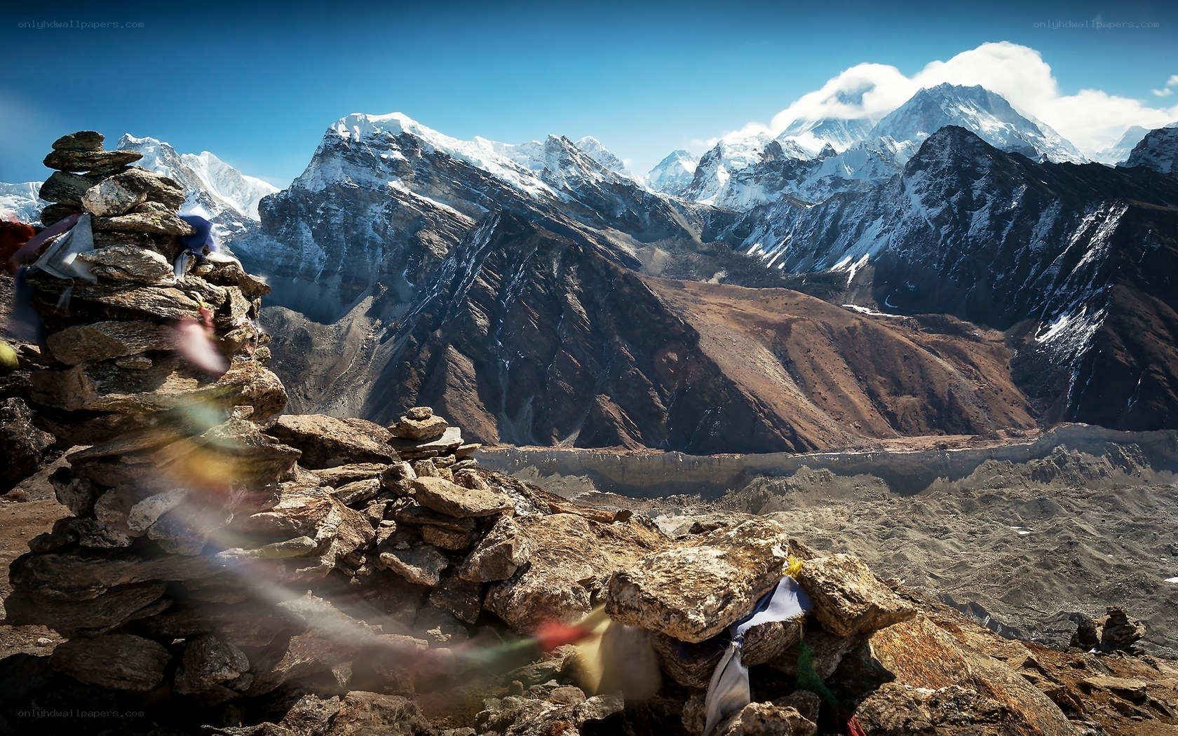 Mountain peaks with prayer flags