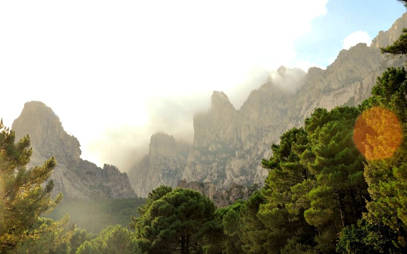 Mountain Peaks with Trees — Green, Serene, Morning, Photograph