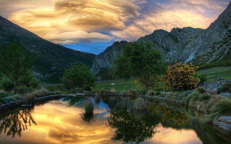 Mountain pond at sunset