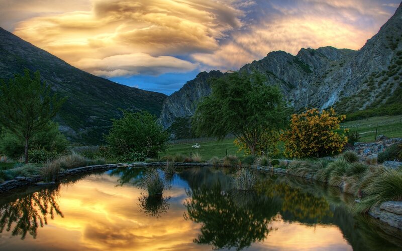 Mountain pond at sunset