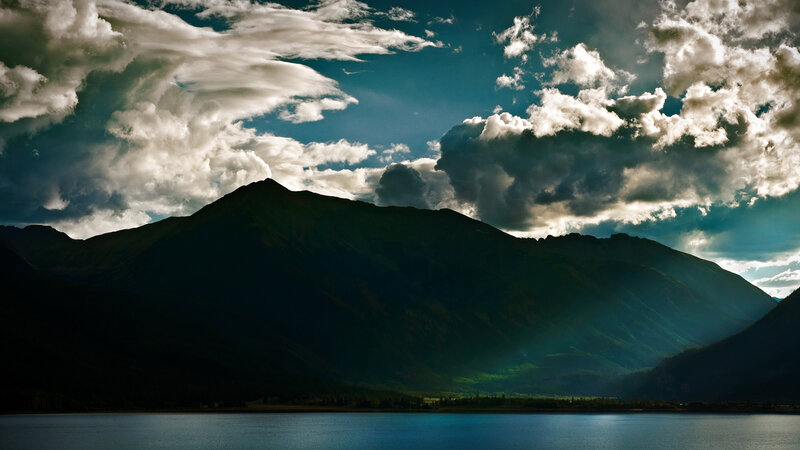 Mountain Range and Lake — Blue, Dramatic, Afternoon, Photograph, Clouds, Sunlight
