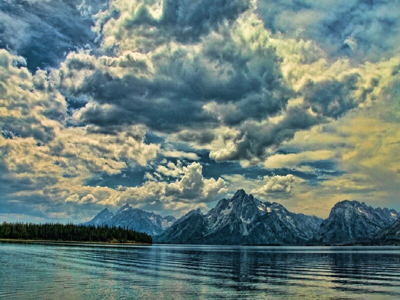 Mountain Range and Lake — Blue, Dramatic, Afternoon, Photograph, Clouds, Trees