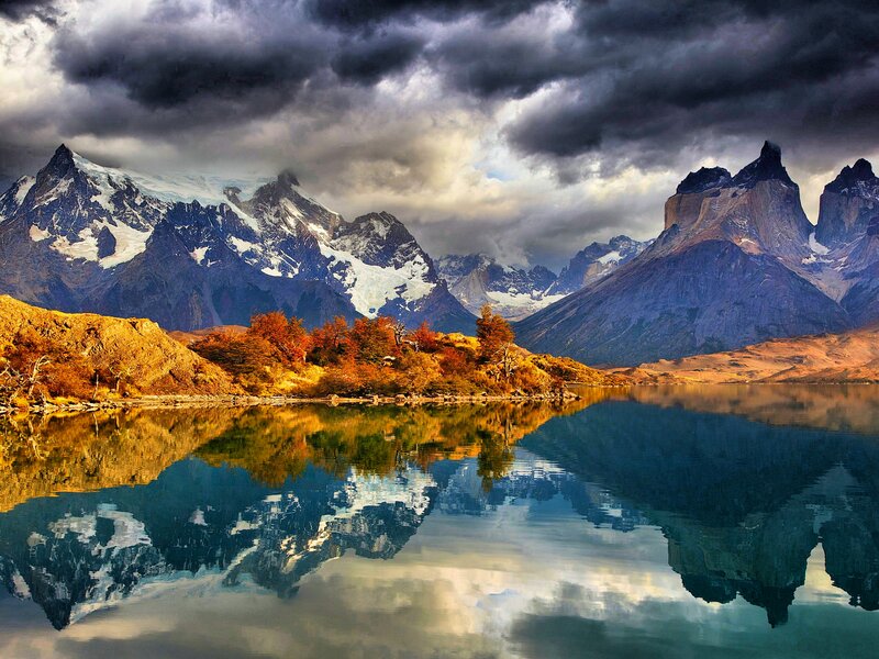 Mountain Range and Lake — Blue, Dramatic, Autumn, Photograph, Mountains
