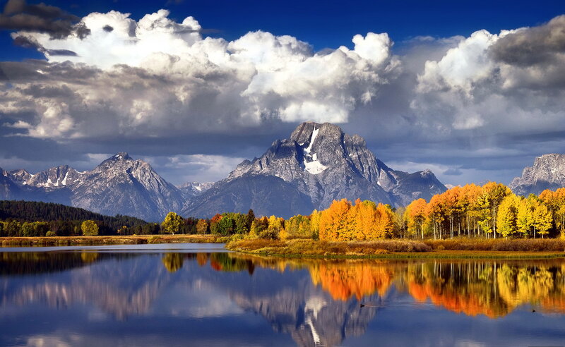 Mountain Range and Lake — Blue, Dramatic, Autumn, Photograph, Trees