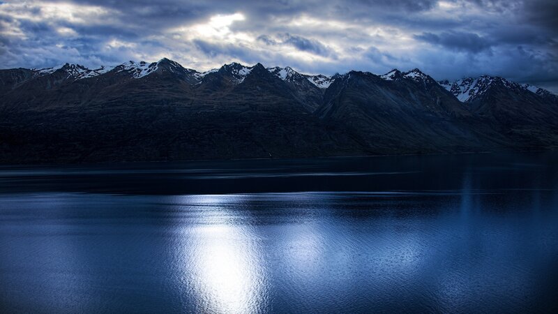 Mountain Range and Lake — Blue, Dramatic, Night, Photograph
