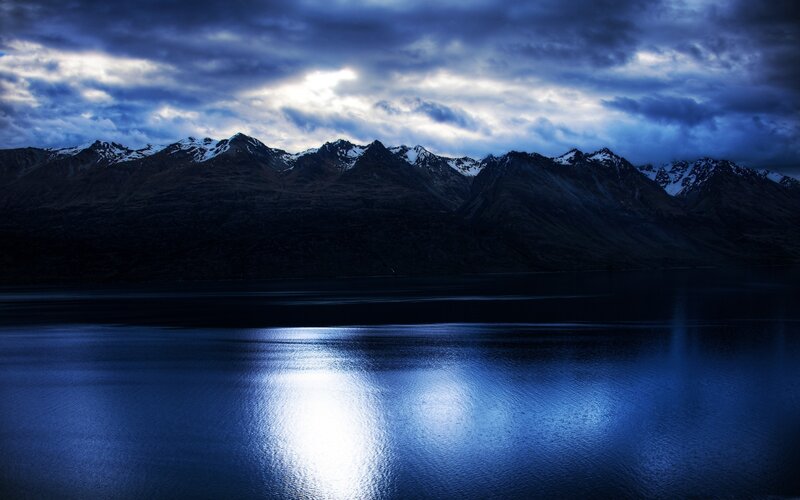 Mountain Range and Lake — Blue, Dramatic, Night