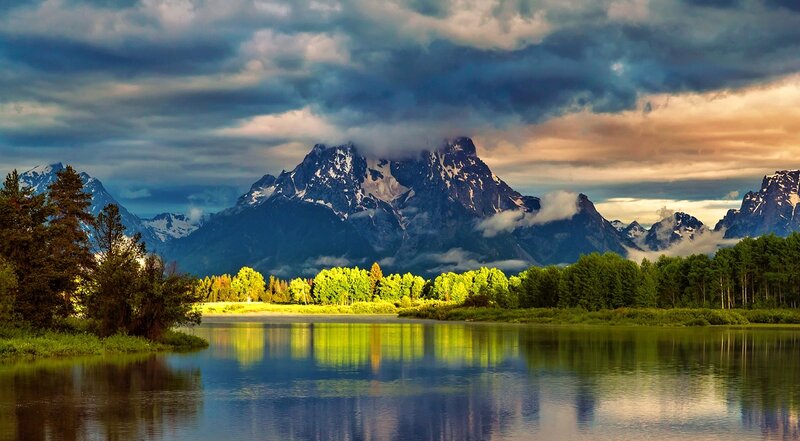 Mountain Range and Lake — Blue, Dramatic, Sunrise, Photograph, Trees
