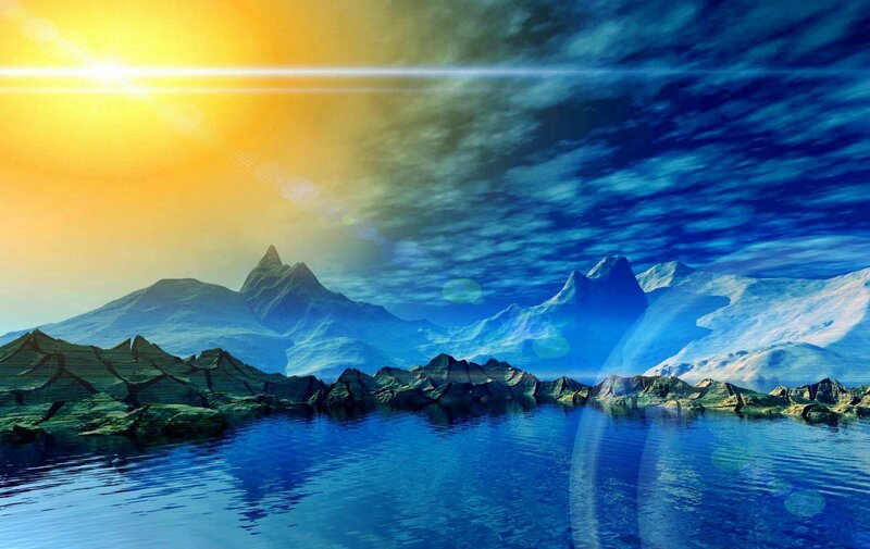Mountain Range and Lake — Blue, Dramatic, Sunrise