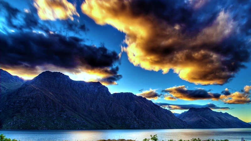 Mountain Range and Lake — Blue, Dramatic, Sunset, Photograph, Clouds