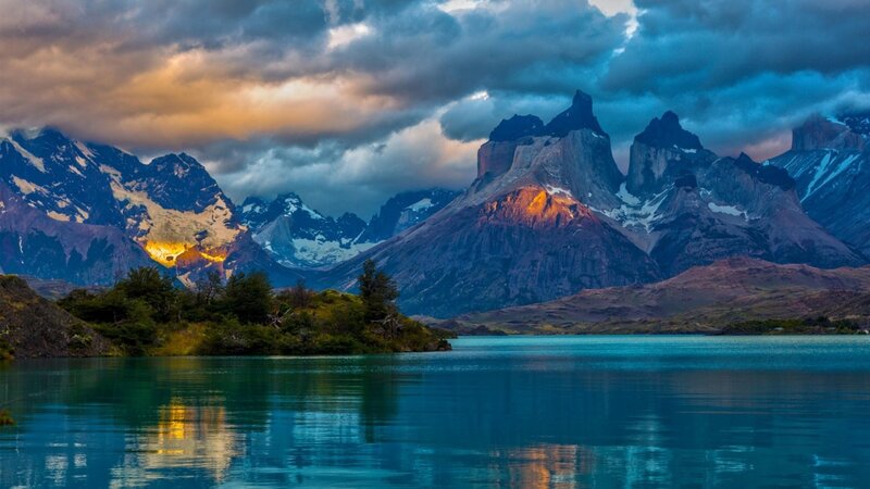 Mountain Range and Lake — Blue, Dramatic, Sunset, Photograph, Clouds, Trees, Reflection