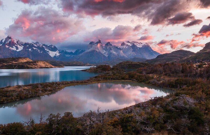 Mountain Range and Lake — Blue, Dramatic, Sunset, Photograph, Clouds, Trees, Snow