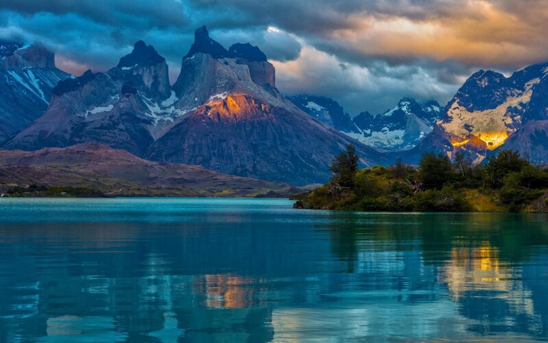 Mountain Range and Lake — Blue, Dramatic, Sunset, Photograph, Clouds, Trees