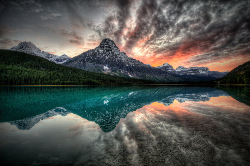 Mountain Range and Lake — Blue, Dramatic, Sunset, Photograph, Forest