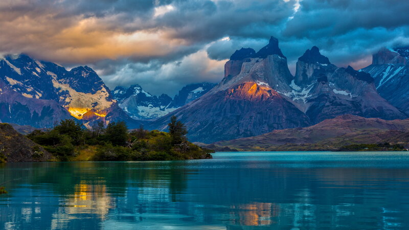 Mountain Range and Lake — Blue, Dramatic, Sunset, Photograph, Mountains, Clouds, Trees