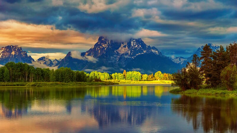 Mountain Range and Lake — Blue, Dramatic, Sunset, Photograph, Trees